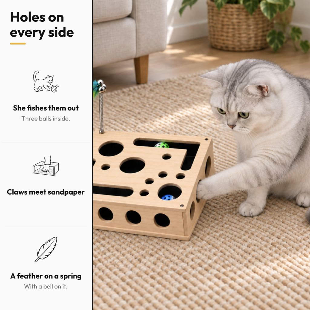Wooden Maze Box with Claw-Filing Sheet — Holes on every side: She fishes them out; Claws meet sandpaper; A feather on a spring