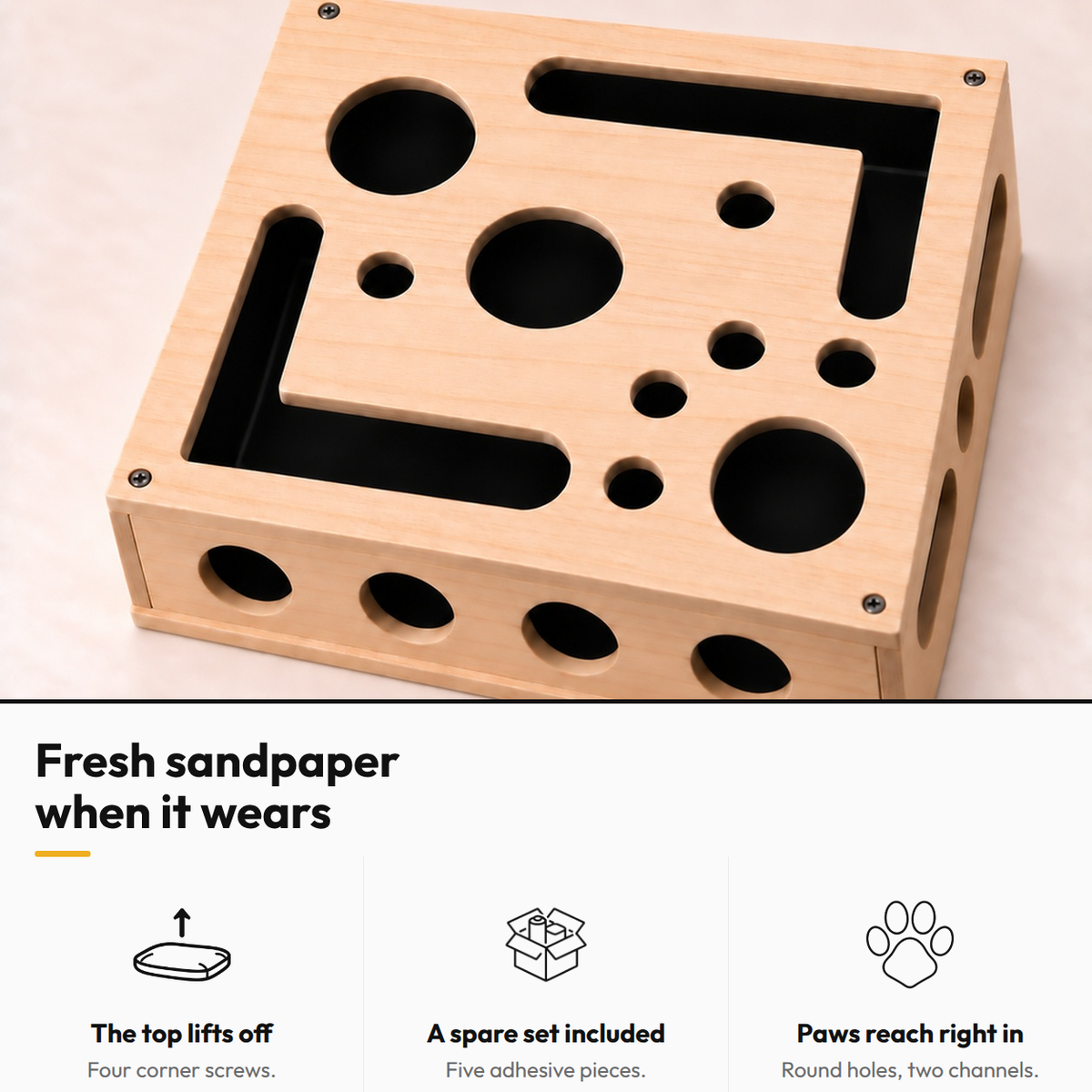 Wooden Maze Box with Claw-Filing Sheet — Fresh sandpaper when it wears: The top lifts off; A spare set included; Paws reach right in