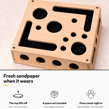 Wooden Maze Box with Claw-Filing Sheet — Fresh sandpaper when it wears: The top lifts off; A spare set included; Paws reach right in