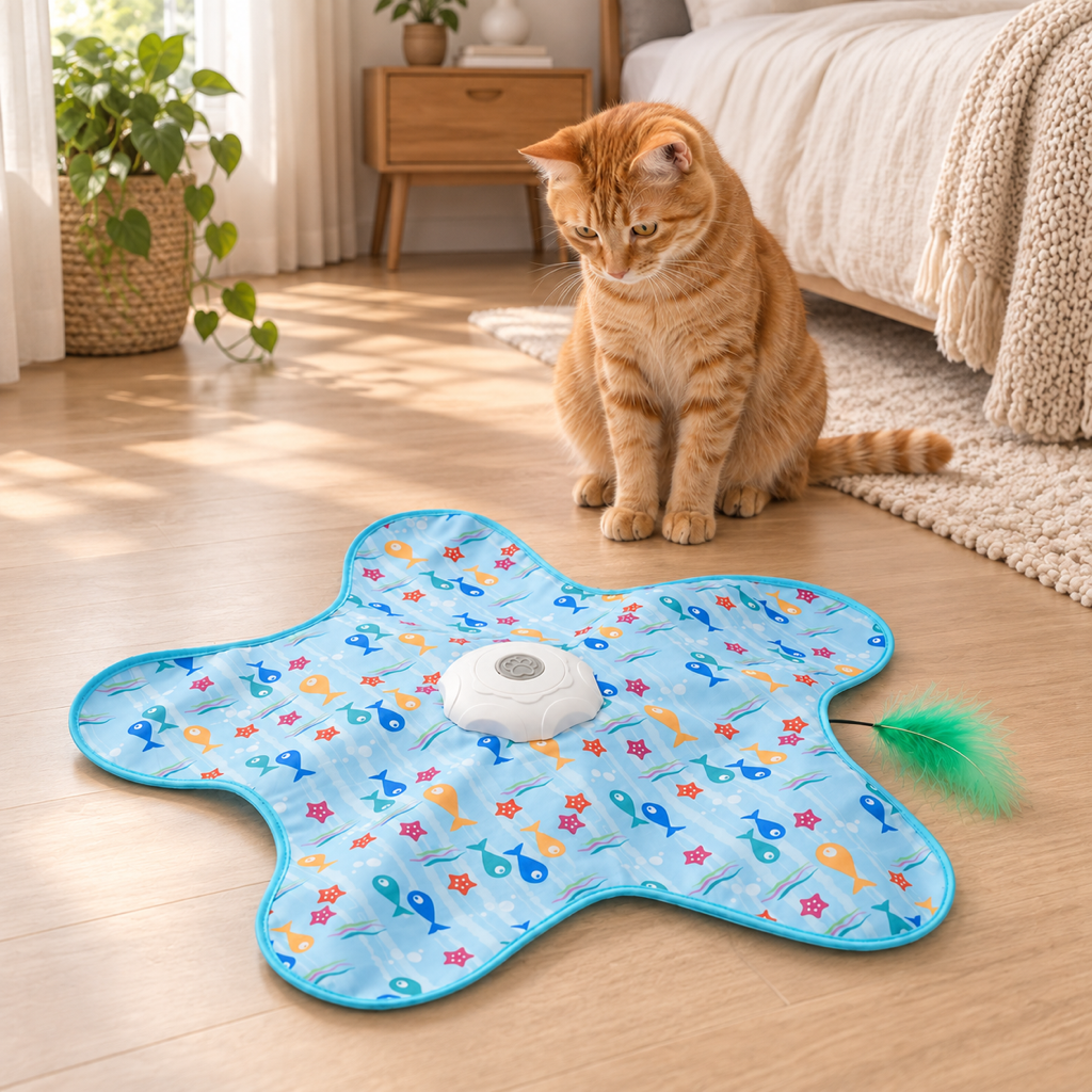 Auto Hunt Teaser Toy running on a bedroom floor, with a cat