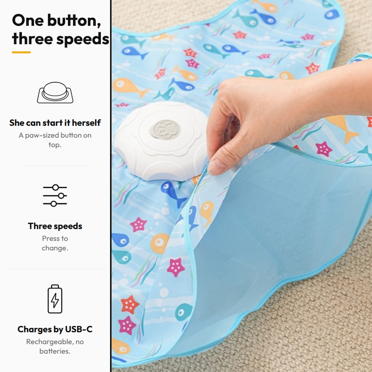 Auto Hunt Teaser Toy — One button, three speeds: She can start it herself; Three speeds; Charges by USB-C