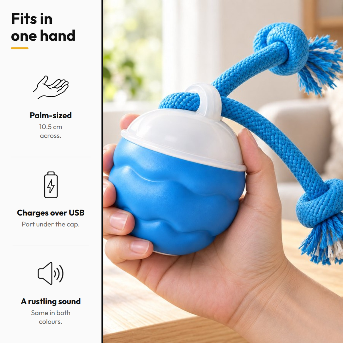 Smart Interactive Rolling Ball — Fits in one hand: Palm-sized; Charges over USB; A rustling sound