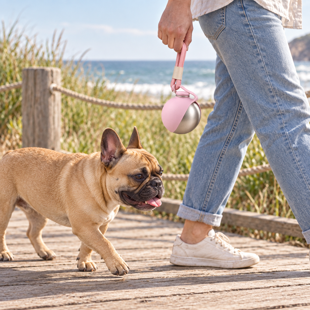 2-in-1 Travel Water Bottle — a French bulldog drinking on the coast