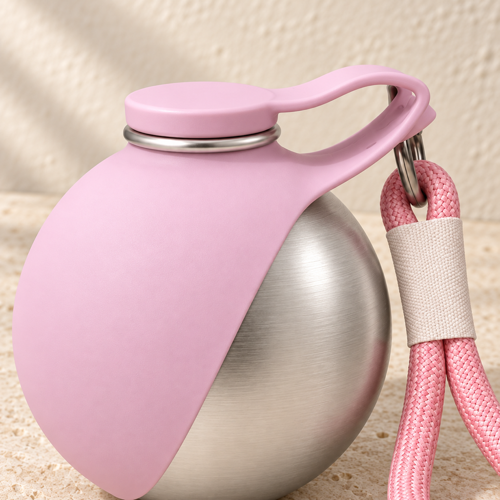 2-in-1 Travel Water Bottle — close-up of the pink silicone cap and carry strap on the steel bottle
