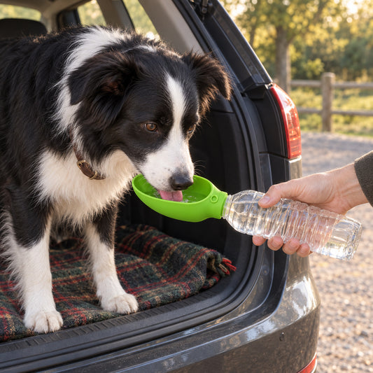 Silicone Drinking Cap — a border collie drinking in an open car boot