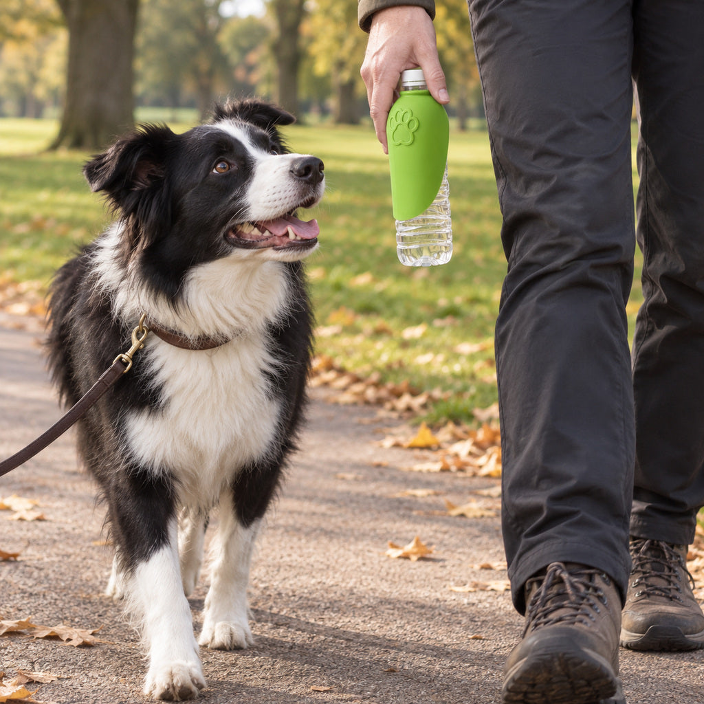 Silicone Drinking Cap — folded against the bottle on a walk in the park