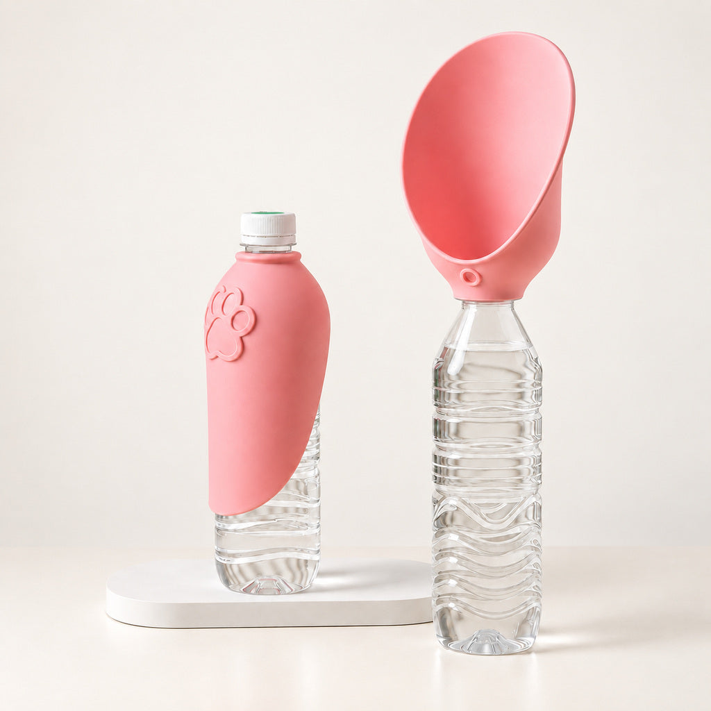 Silicone Drinking Cap for Bottles in Pink, folded and open