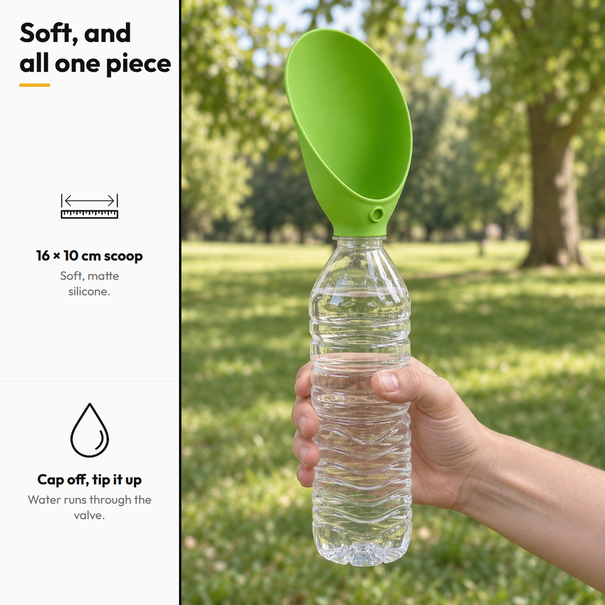 Silicone Drinking Cap — Soft, and all one piece: 16 × 10 cm scoop; Cap off, tip it up