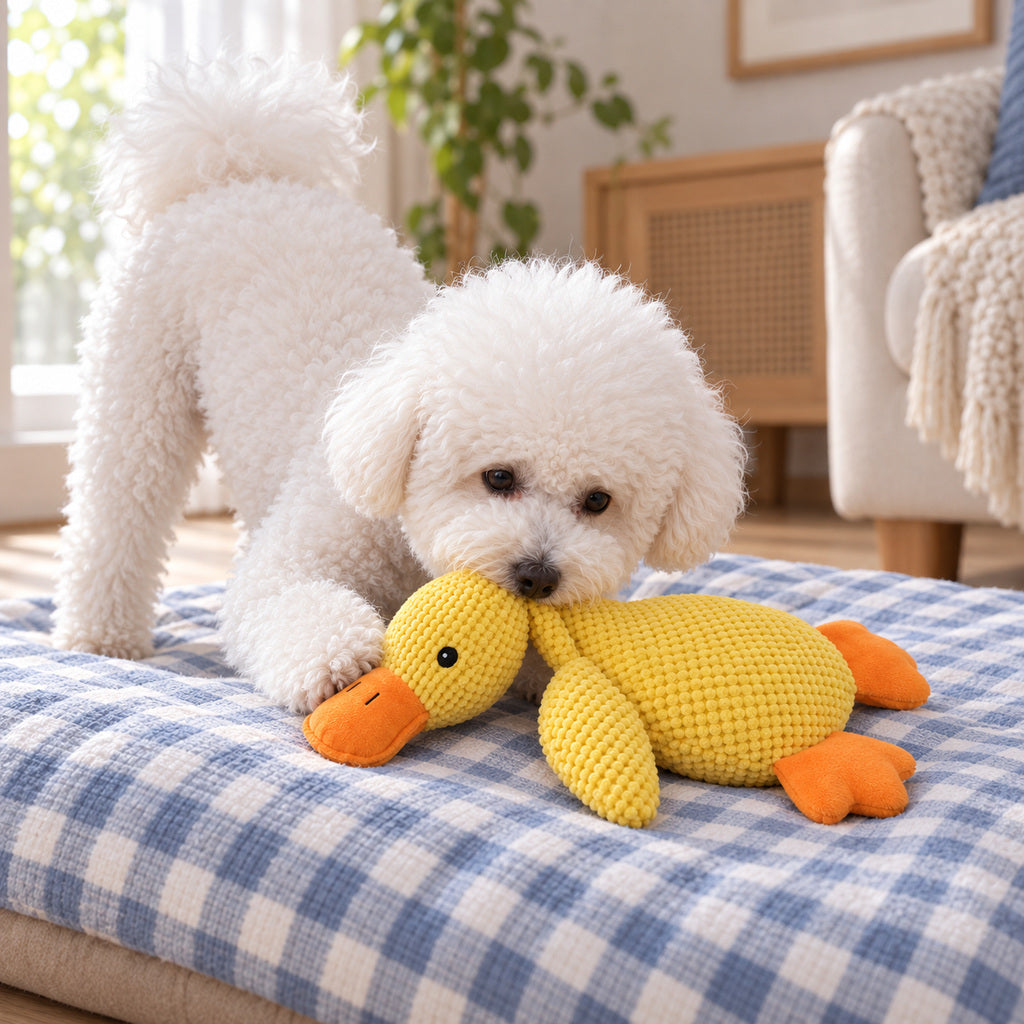 Calm Duck — white curly dog playing with the plush duck on a checked cushion