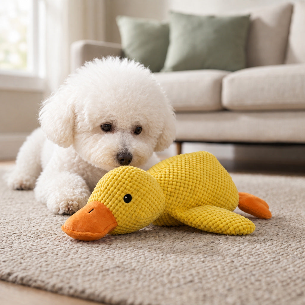 Calm Duck — white curly dog sniffing the plush duck on a rug