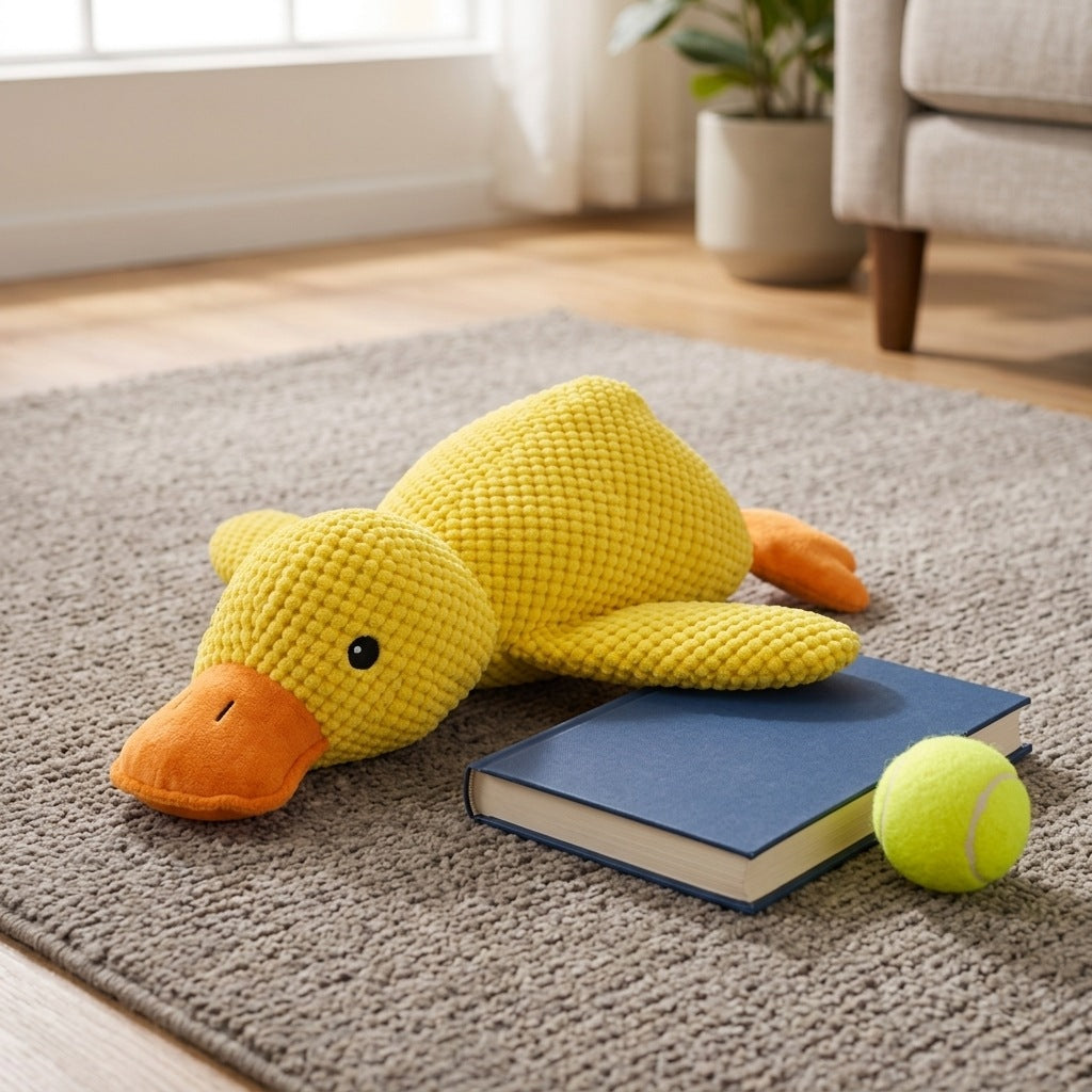 Calm Duck — yellow plush duck lying on a rug
