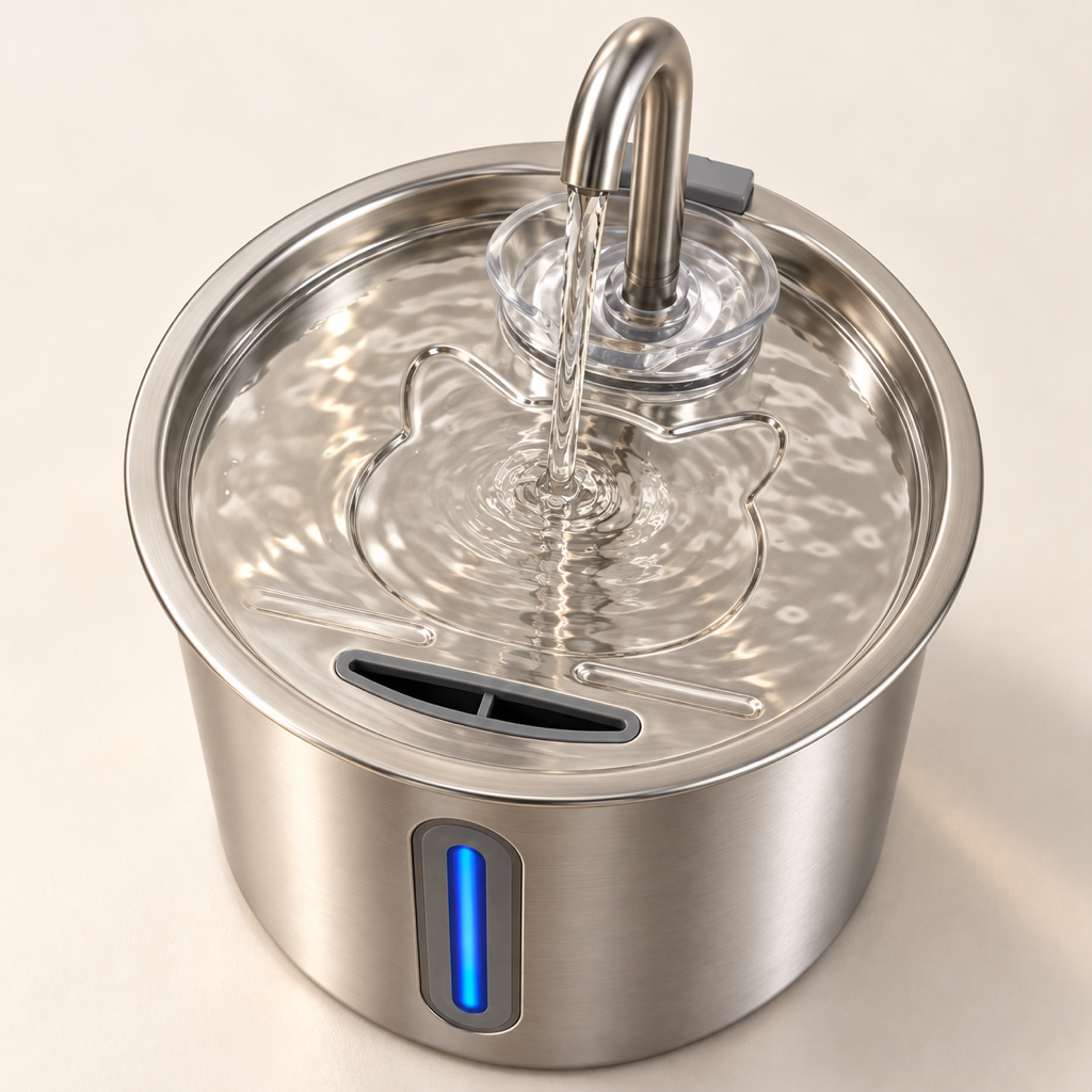 KittySip Cat Water Fountain — the stainless steel top and faucet close up