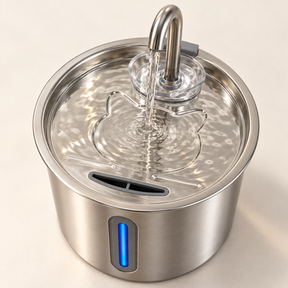 KittySip Cat Water Fountain — the stainless steel top and faucet close up