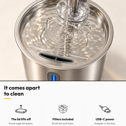 KittySip Cat Water Fountain — It comes apart to clean: The lid lifts off; Filters included; USB-C power