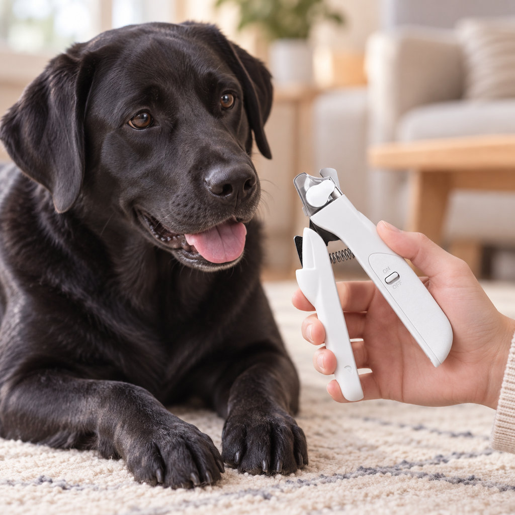 Safe Clip LED Nail Clipper — a calm dog having its claws trimmed
