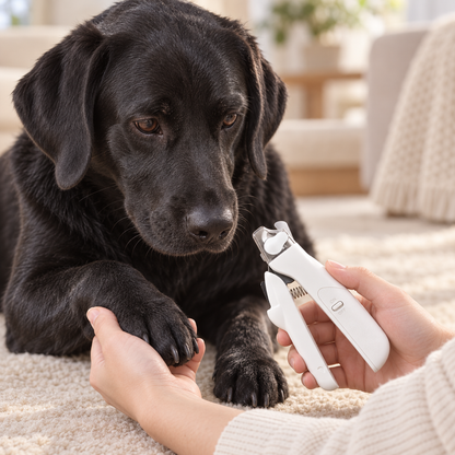 Safe Clip LED Nail Clipper — trimming a front paw