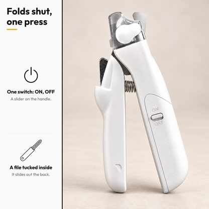Safe Clip — LED Nail Clipper — Folds shut, one press: One switch: ON, OFF; A file tucked inside