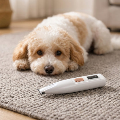 Paw Trimmer — a dog resting beside the trimmer