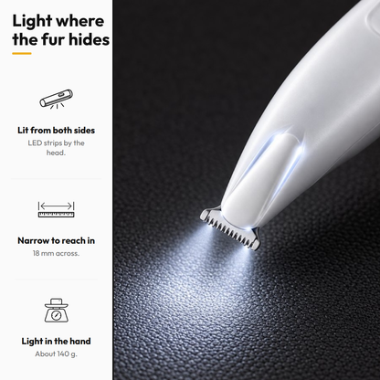 Paw Trimmer — Quiet Paw Hair Trimmer — Light where the fur hides: Lit from both sides; Narrow to reach in; Light in the hand
