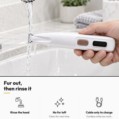 Paw Trimmer — Quiet Paw Hair Trimmer — Fur out, then rinse it: Rinse the head; No fur left; Cable only to charge