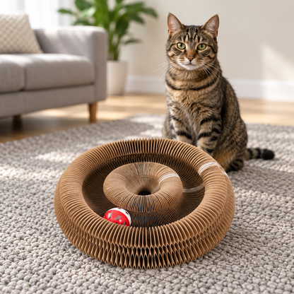 Scratch Donut — tabby cat sitting behind the two-tier coiled accordion ring