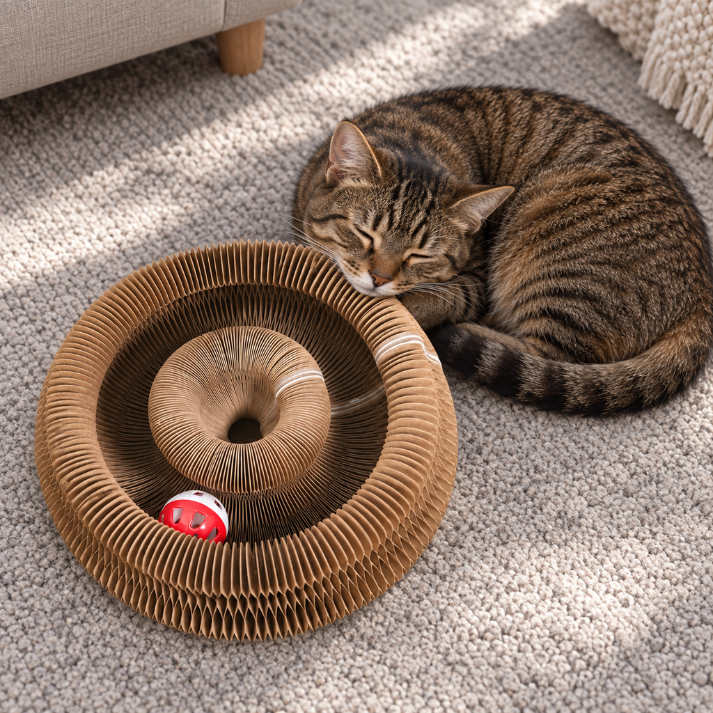 Scratch Donut — tabby cat sleeping beside the two-tier coiled accordion ring