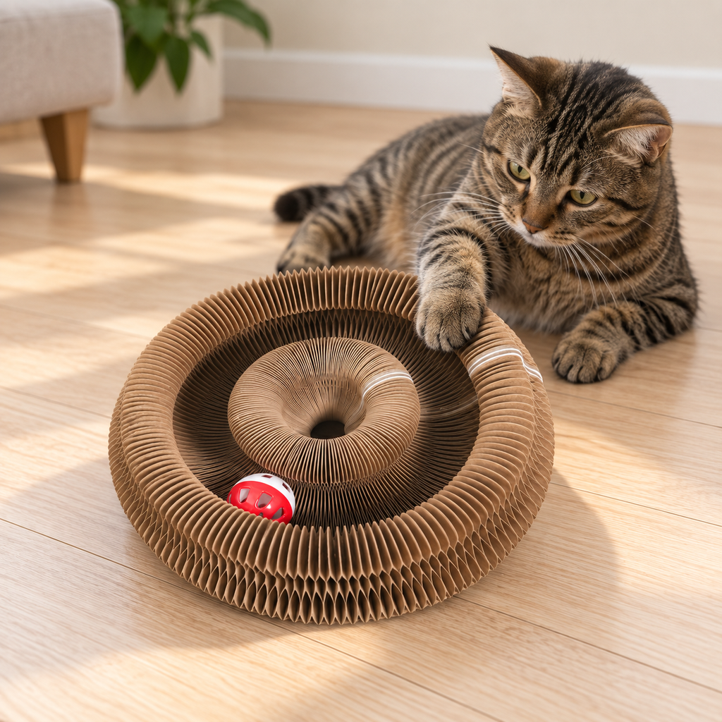 Scratch Donut — tabby cat pawing the two-tier coiled accordion ring