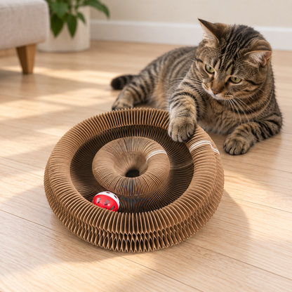 Scratch Donut — tabby cat pawing the two-tier coiled accordion ring