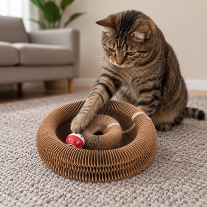 Scratch Donut — tabby cat pawing the bell ball inside the coiled ring