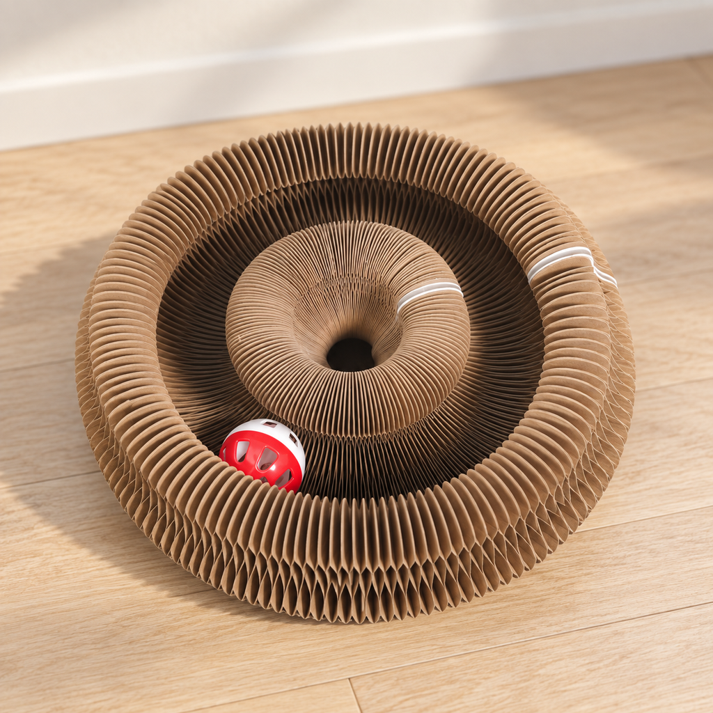 Scratch Donut — two-tier coiled accordion ring with red bell ball on a wooden floor