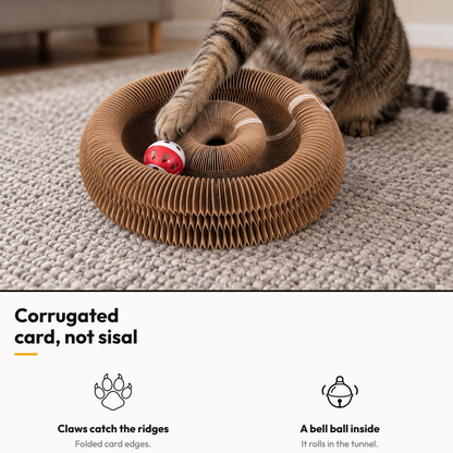 Scratch Donut — Accordion Cat Scratcher — Corrugated card, not sisal: Claws catch the ridges; A bell ball inside