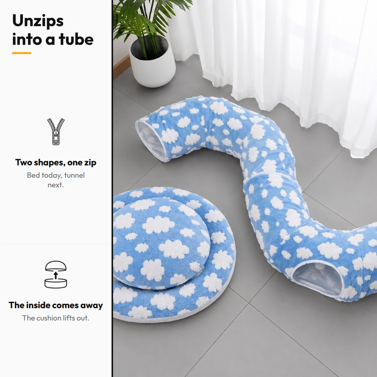Tunnel Donut Bed — Unzips into a tube: Two shapes, one zip; The inside comes away
