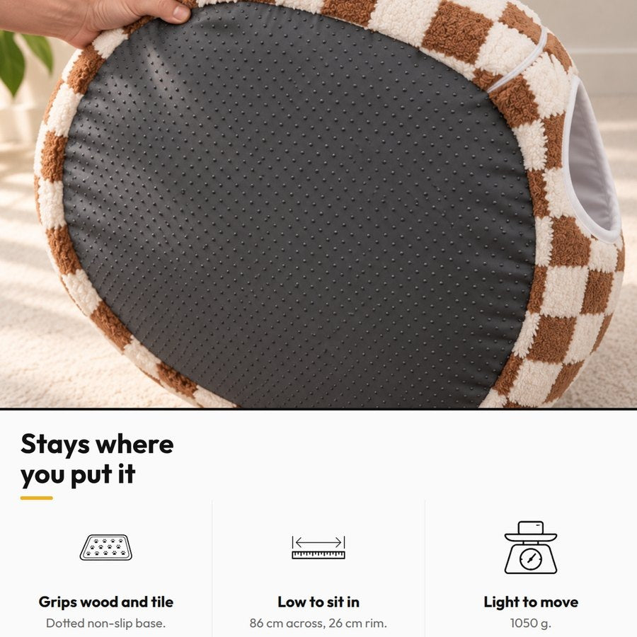 Tunnel Donut Bed — Stays where you put it: Grips wood and tile; Low to sit in; Light to move
