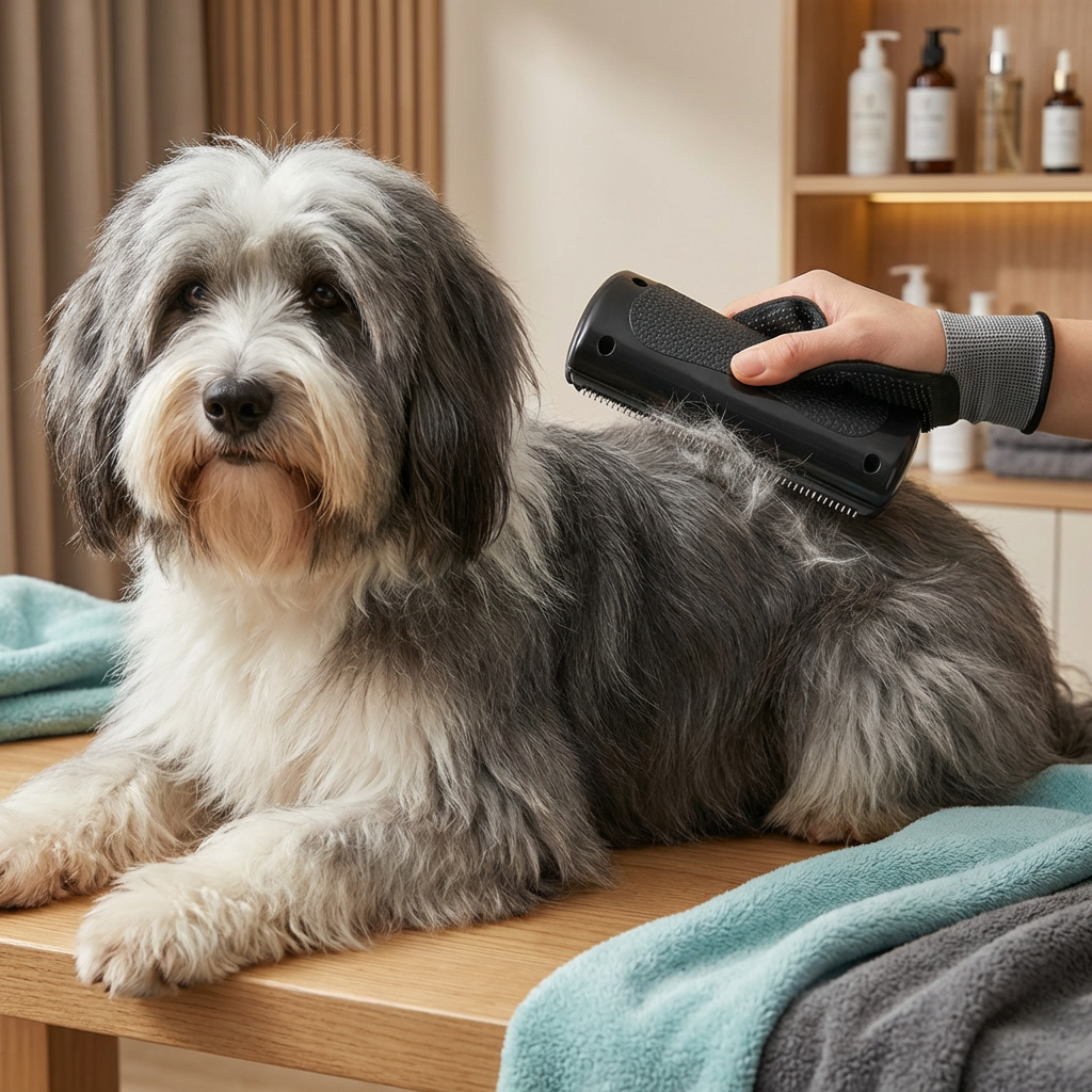 Grey and white terrier being groomed with the black deshedding comb on a table