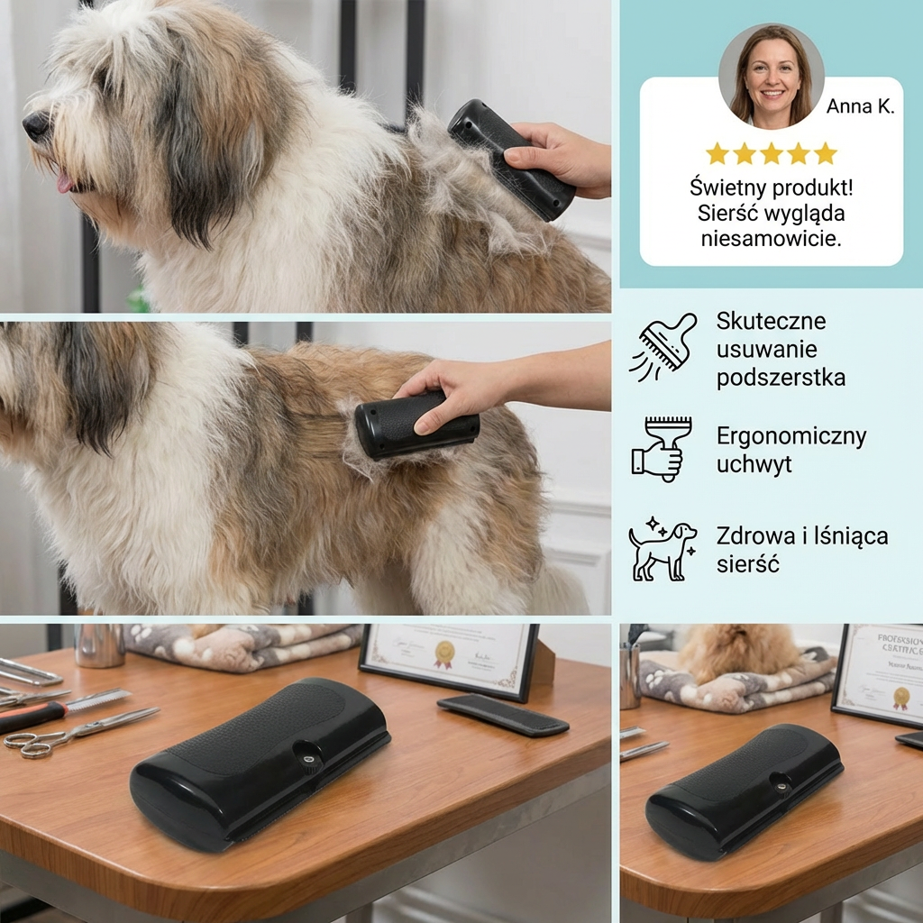 Polish collage of grooming photos with a customer quote and three benefit labels