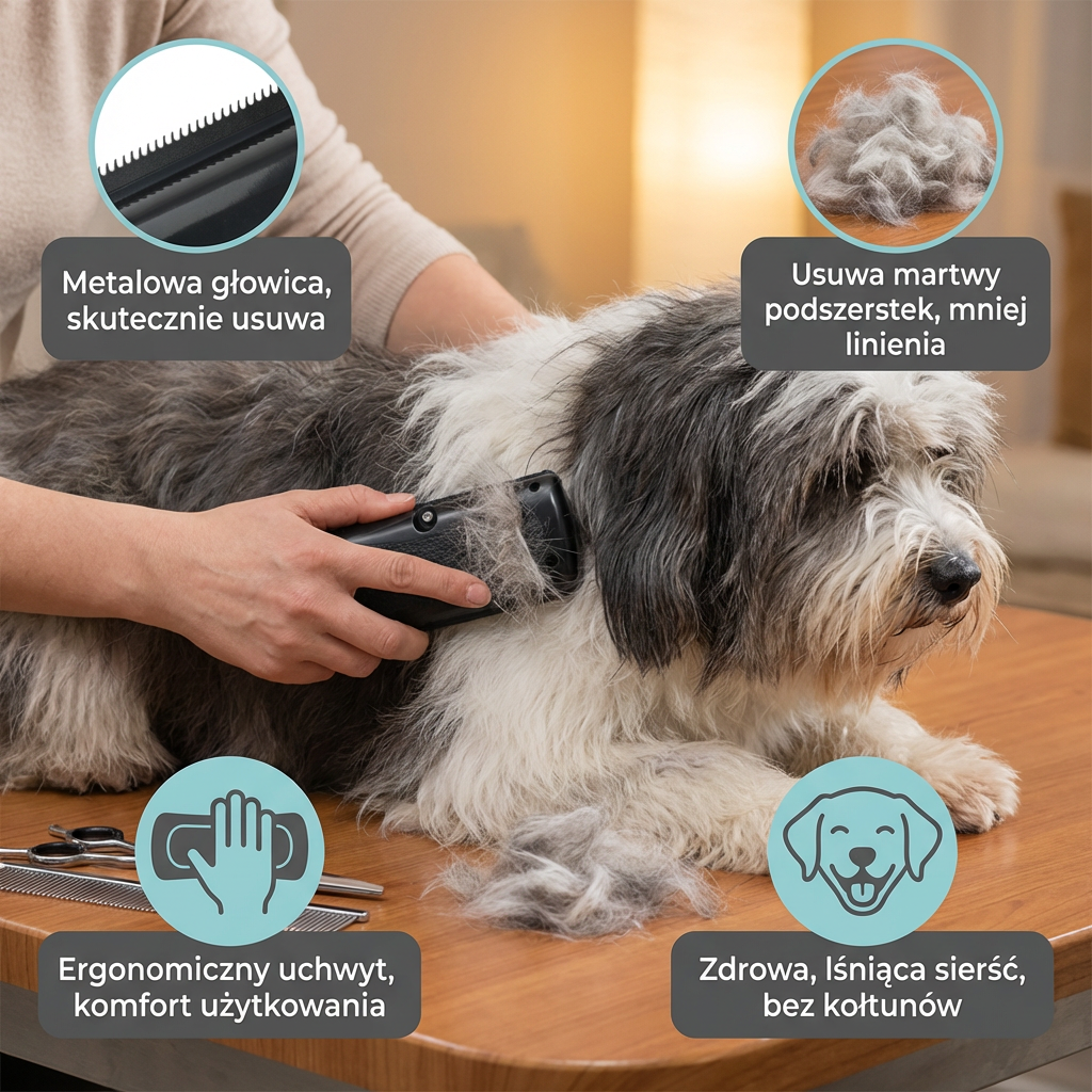 Terrier being groomed with the black comb, with Polish feature labels around it