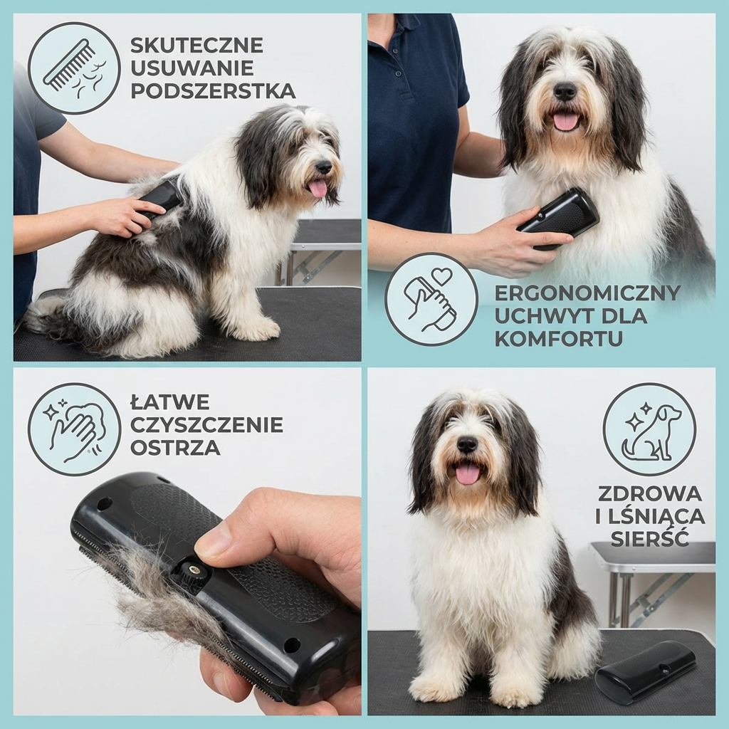 Polish four-panel card: deshedding, ergonomic grip, cleaning the blade, coat result