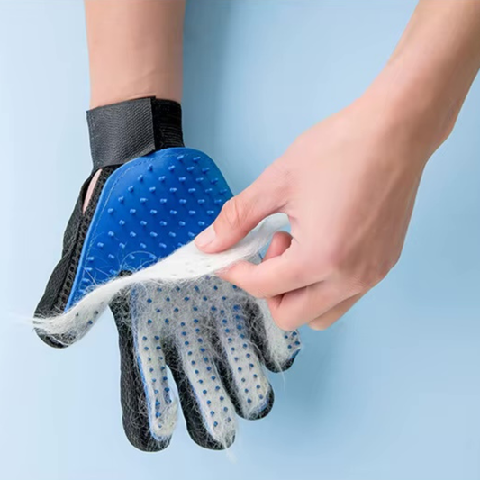 Blue grooming glove worn on a hand with the collected fur being pulled off it