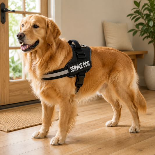 Golden retriever wearing the black no-pull harness by a garden door