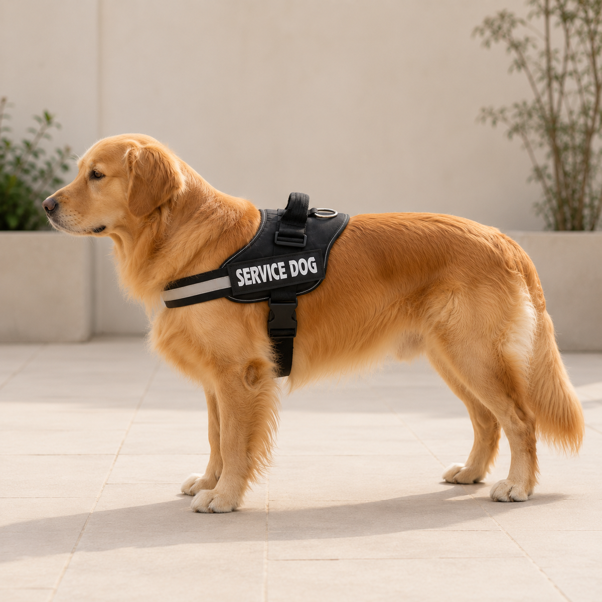 Side view of a golden retriever wearing the black no-pull harness outdoors