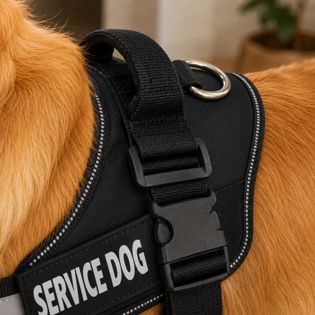 Close-up of the harness quick-release buckle, padded top handle and reflective trim