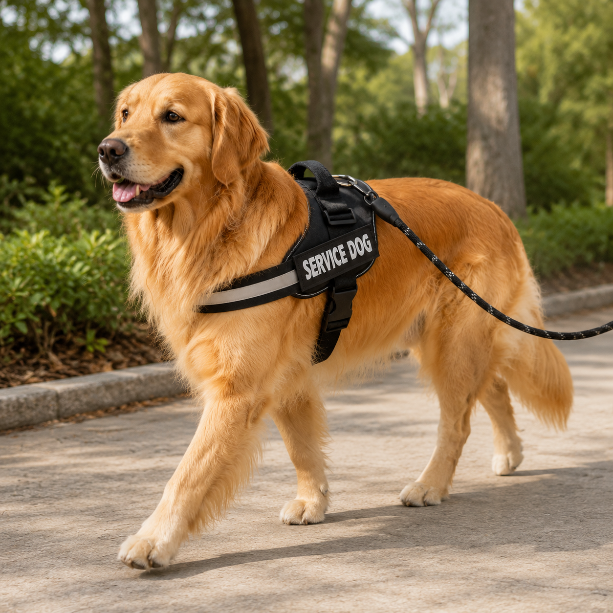 Golden retriever walking on a lead in the black no-pull harness