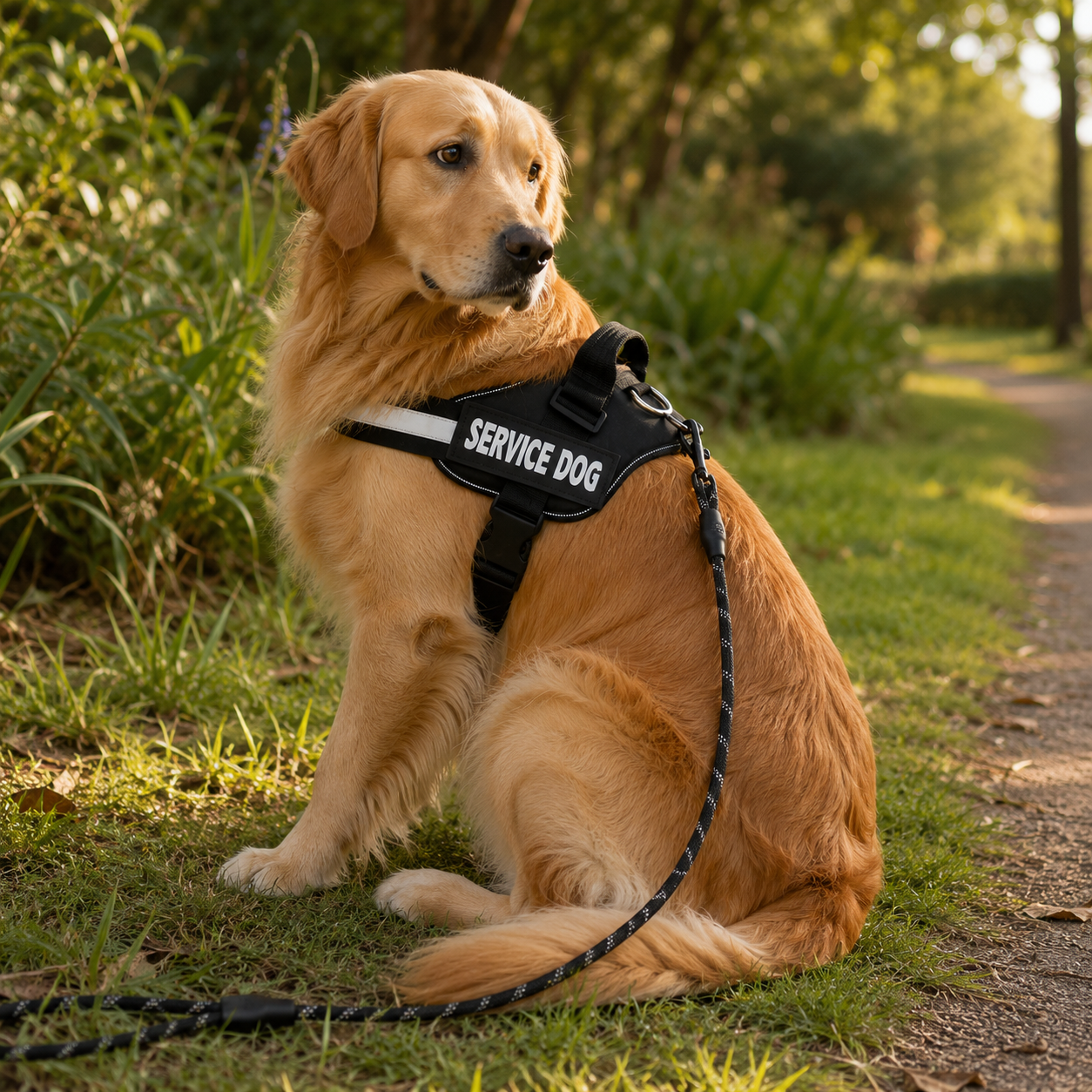 Golden retriever sitting on grass in the harness during an evening walk