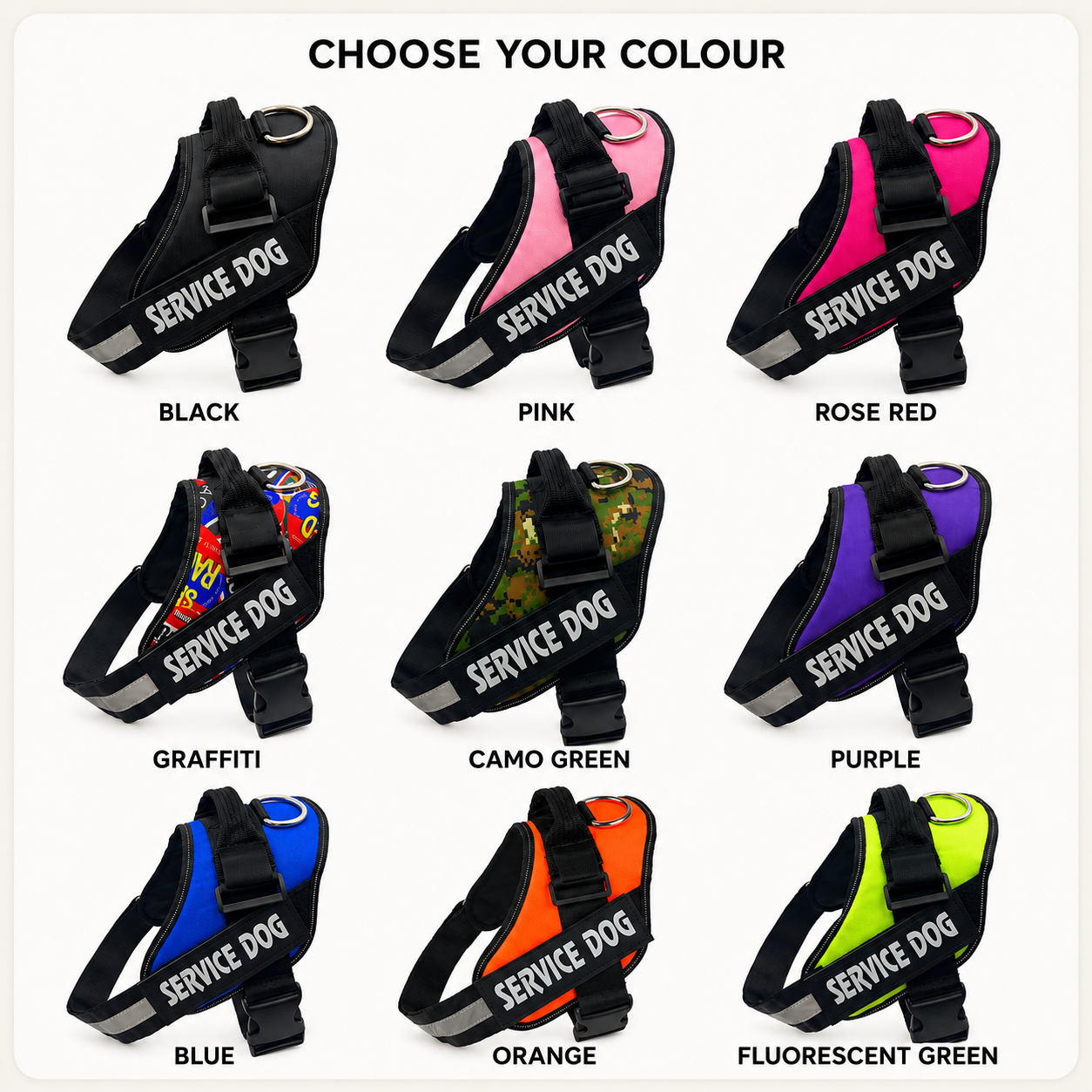 Nine harness colours: black, pink, rose red, graffiti, camo green, purple, blue, orange, fluorescent green