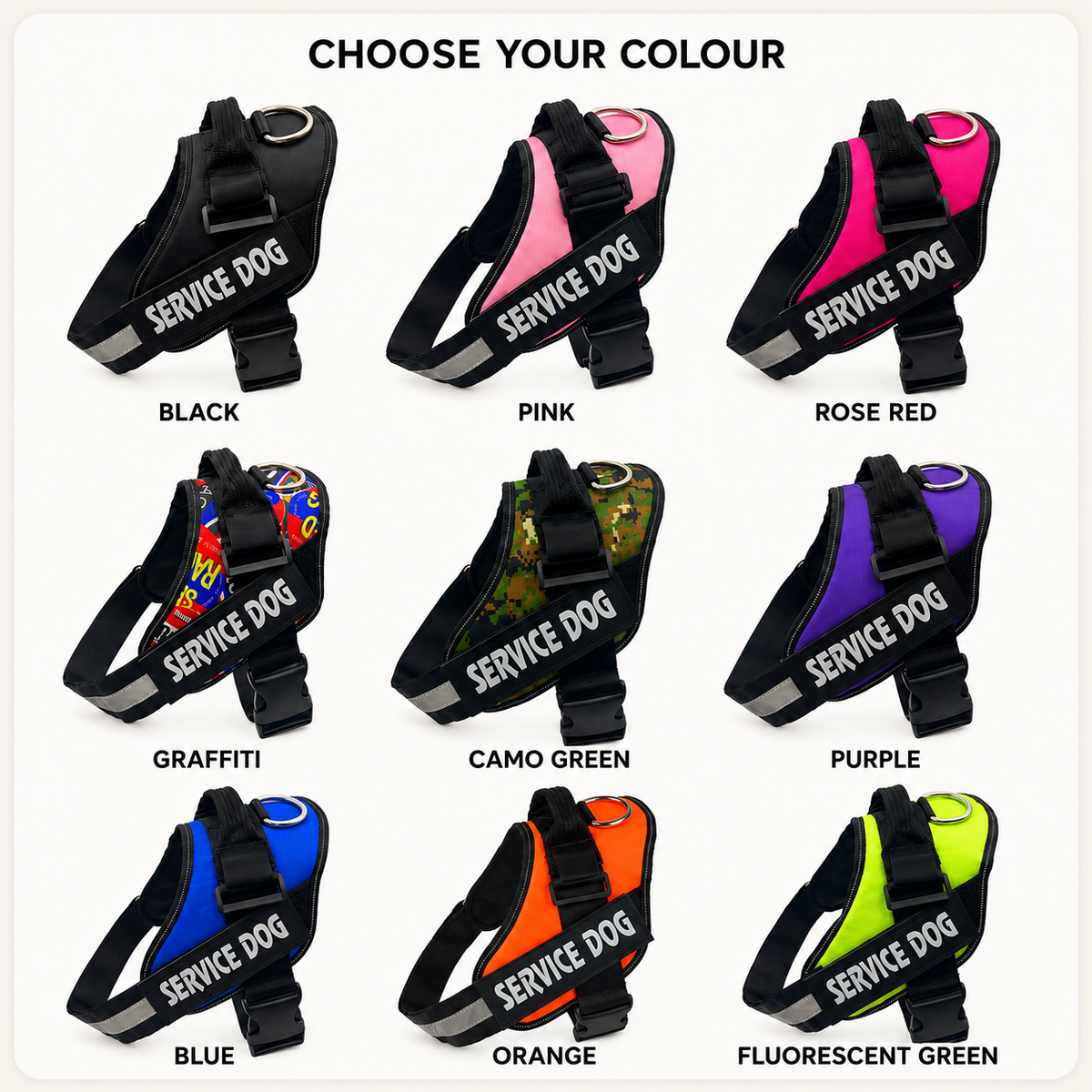 Nine harness colours: black, pink, rose red, graffiti, camo green, purple, blue, orange, fluorescent green