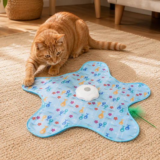 Ginger cat crouching beside the Auto Hunt Teaser play mat in a living room