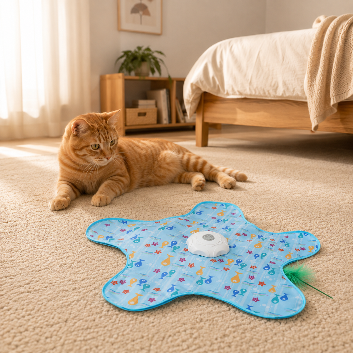 Cat resting next to the fish-print play mat in a sunlit bedroom