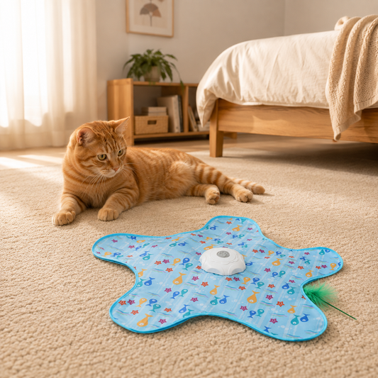 Cat resting next to the fish-print play mat in a sunlit bedroom