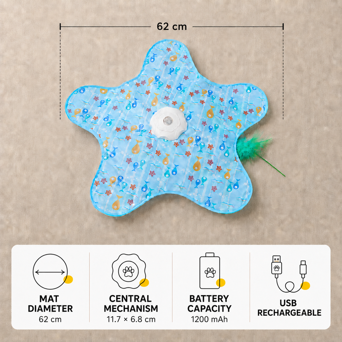 Specification card: 62 cm mat diameter, 11.7 x 6.8 cm central mechanism, 1200 mAh battery, USB rechargeable