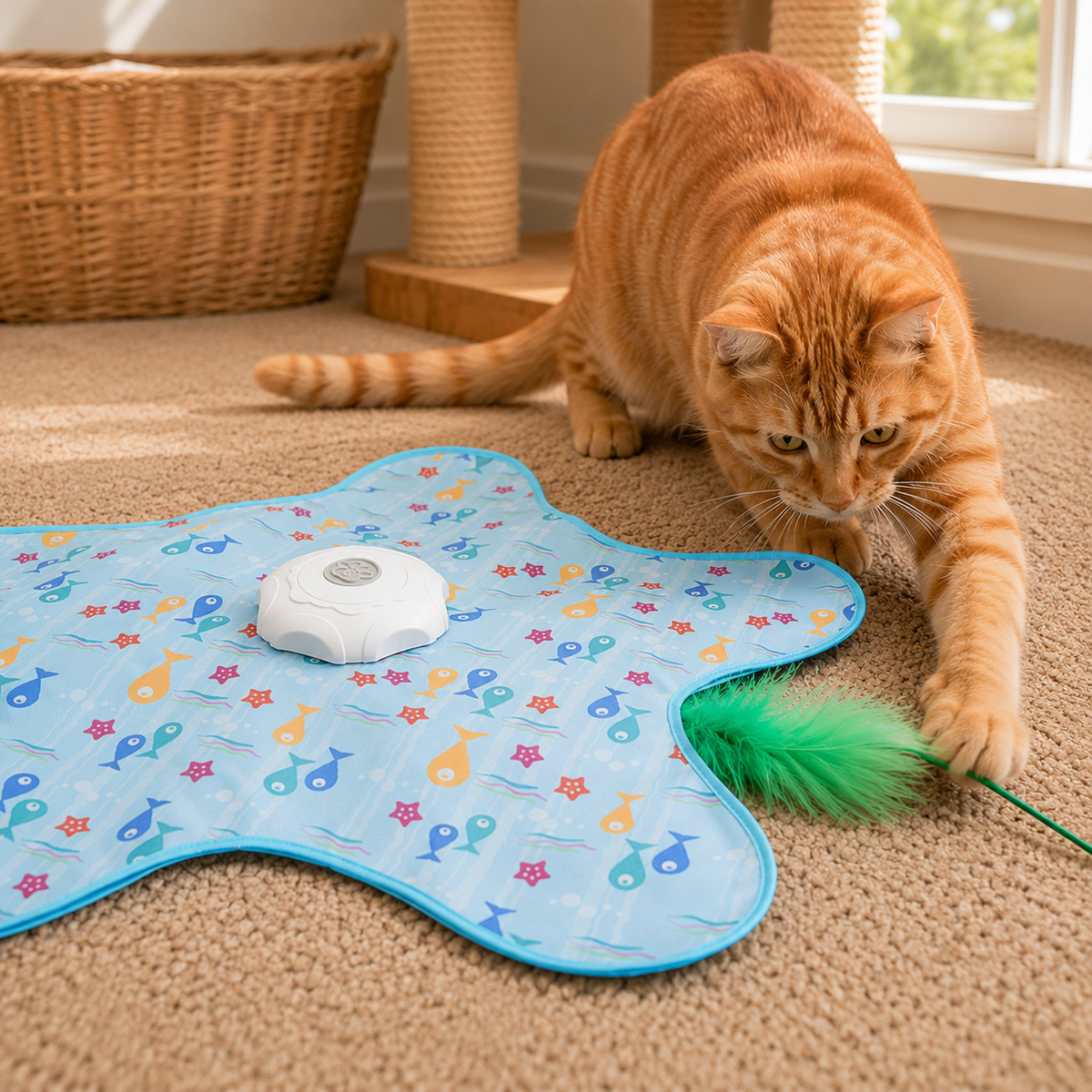 Cat reaching for the green feather teaser as it moves out from under the mat